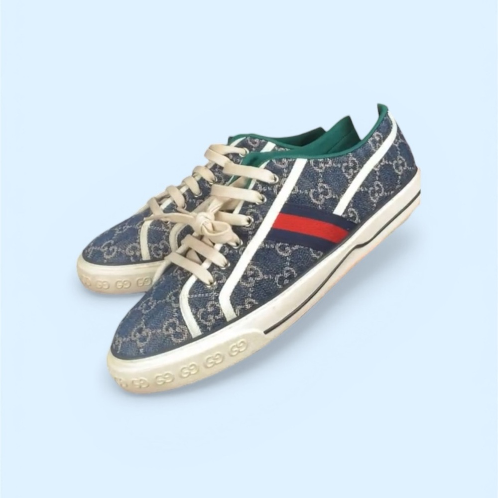 Gucci 1977 Denim Low-Top Sneaker with Red & Blue Web Stripe/Green lining SZ 11 - Picture 4 of 4